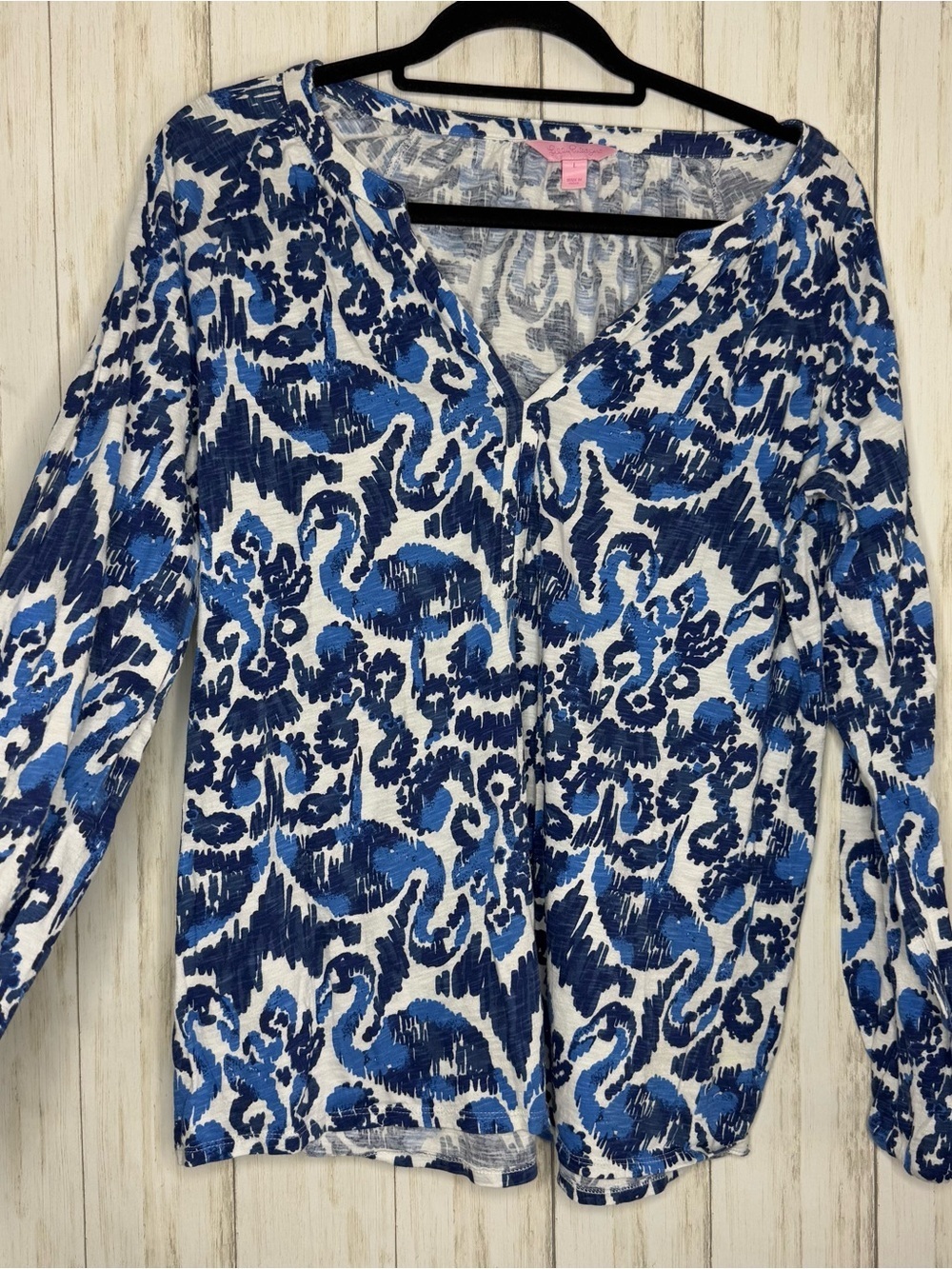Lilly Pulitzer Blue & White Floral-Print Long Sleeve Top Large